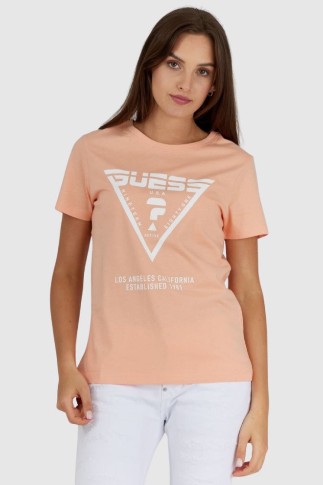 GUESS Women's peach t-shirt with white logo