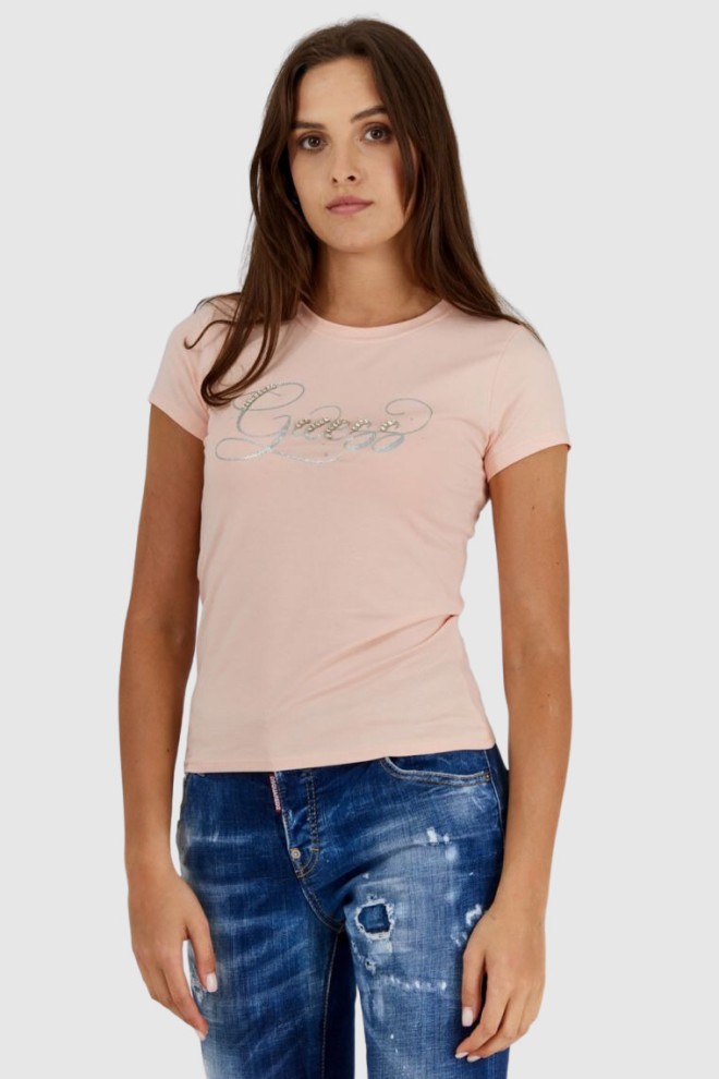 GUESS Women's peach t-shirt with glitter logo