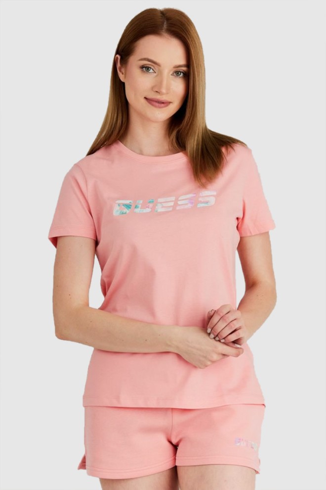 GUESS Women's peach t-shirt with colorful logo