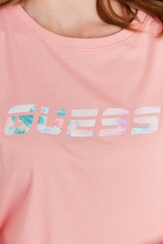 GUESS Women's peach t-shirt with colorful logo