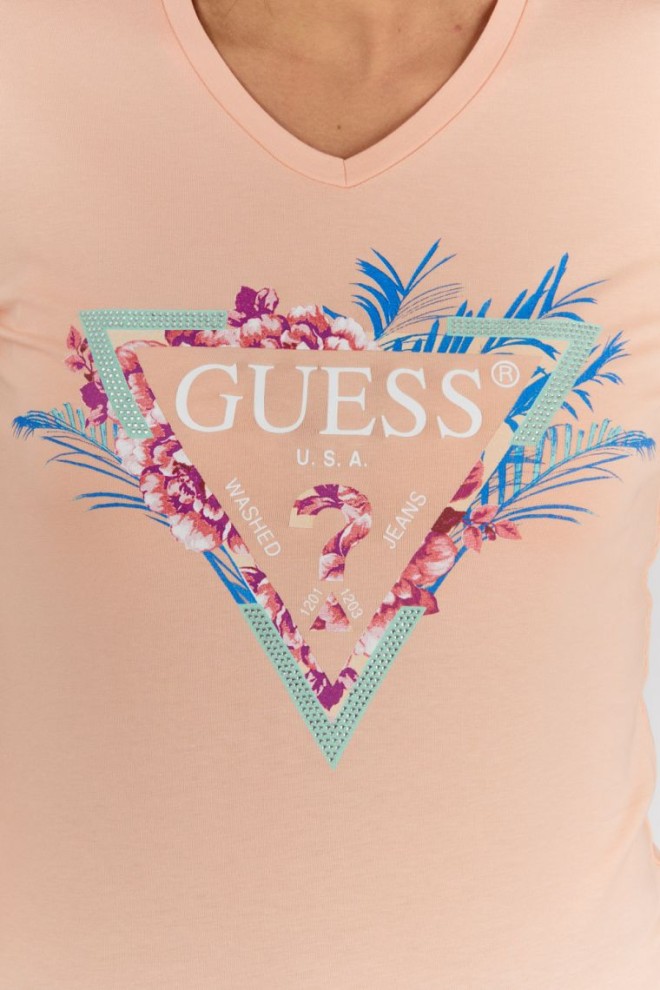 GUESS Women's peach logo t-shirt with leaves and zircons