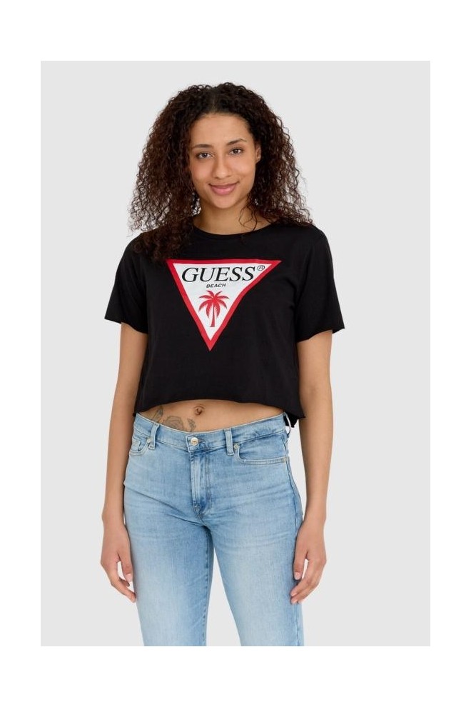 GUESS Czarny krótki t-shirt damski z surowym wykończeniem boxy fit