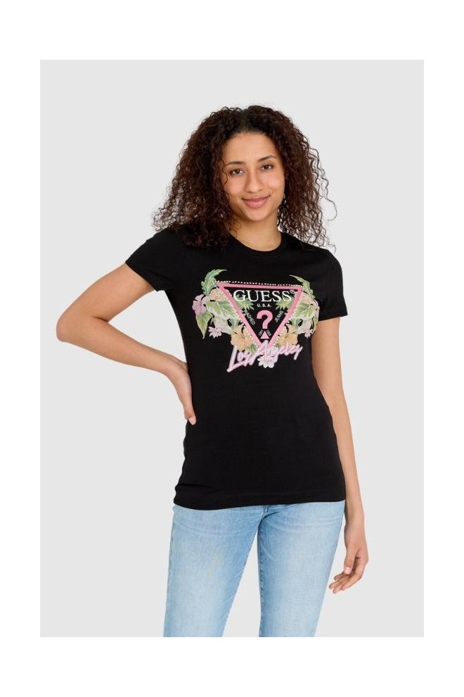 GUESS Black women's logo t-shirt with flowers and rhinestones slim fit