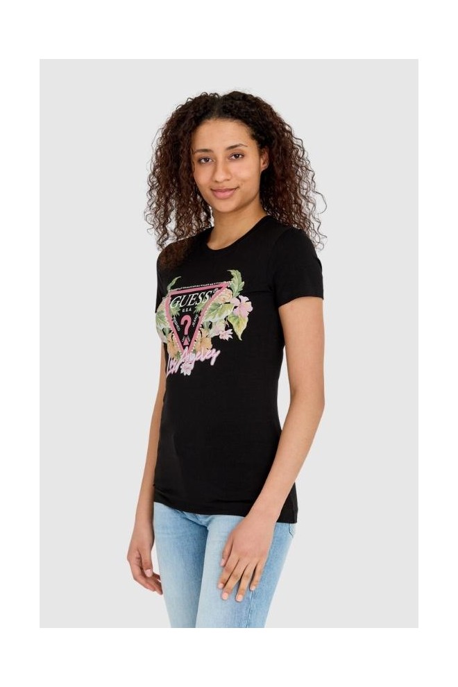 GUESS Black women's logo t-shirt with flowers and rhinestones slim fit