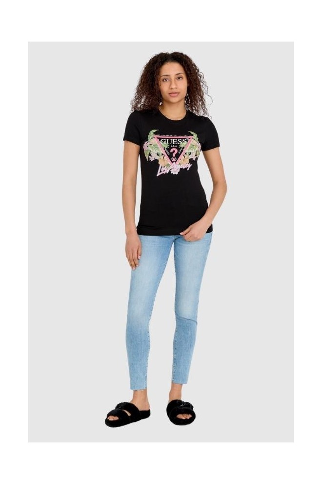 GUESS Black women's logo t-shirt with flowers and rhinestones slim fit