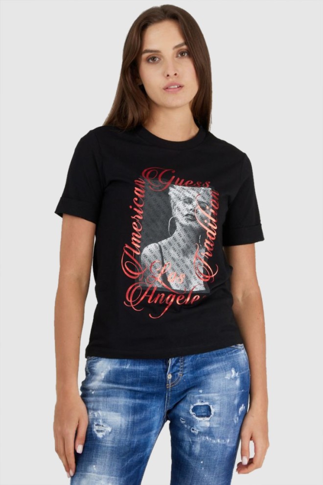 GUESS Czarny t-shirt damski z nadrukiem