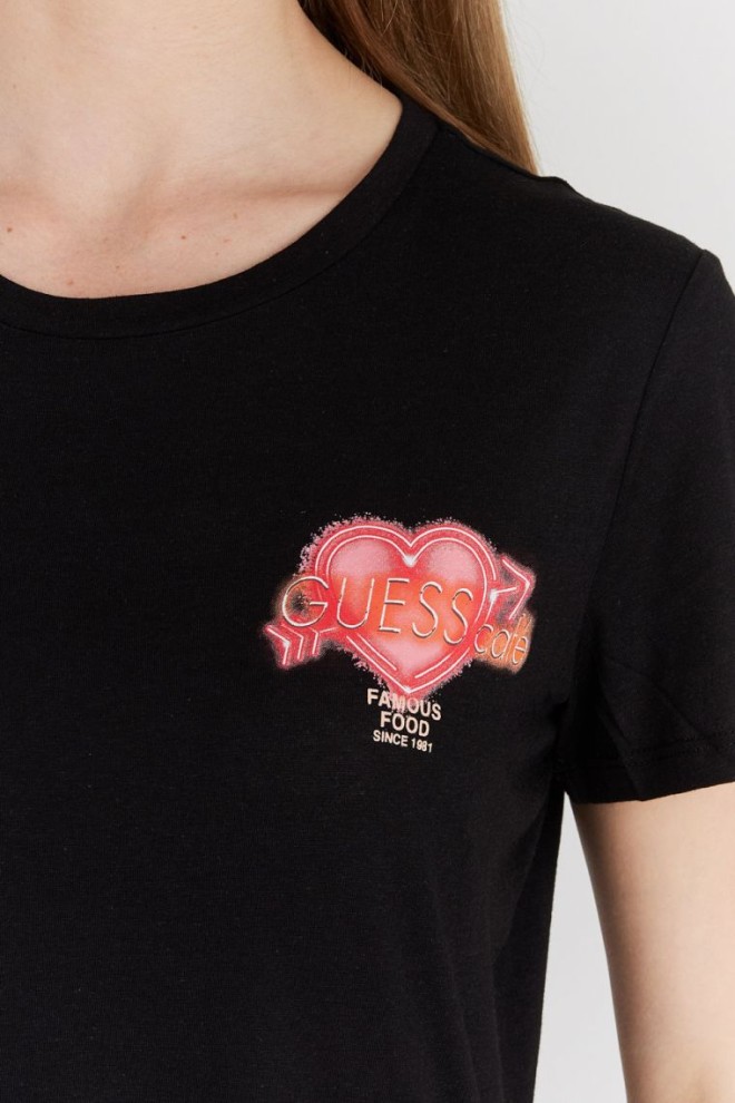GUESS Tricou negru pentru femei cu imprimeu colorat