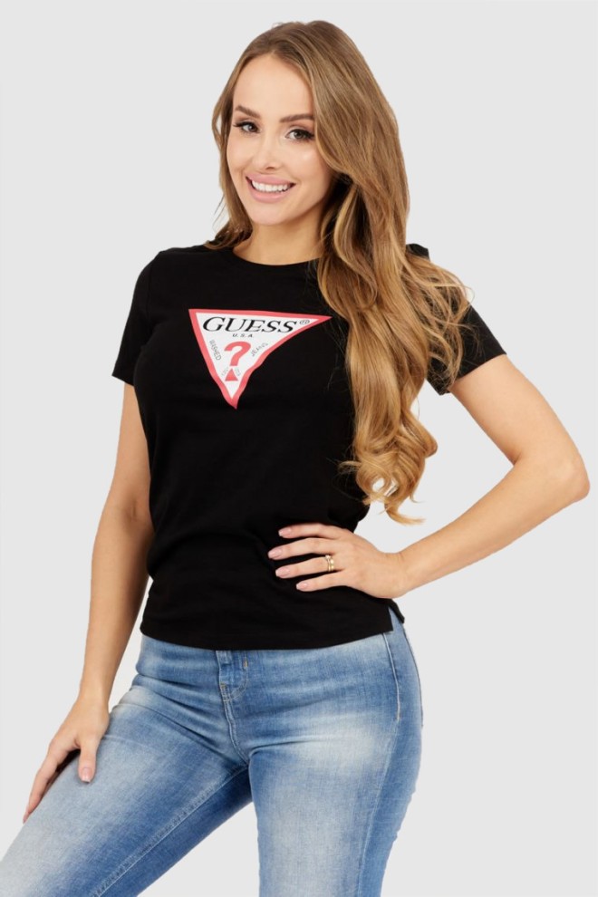 GUESS Czarny t-shirt damski z dużym trójkątnym logo