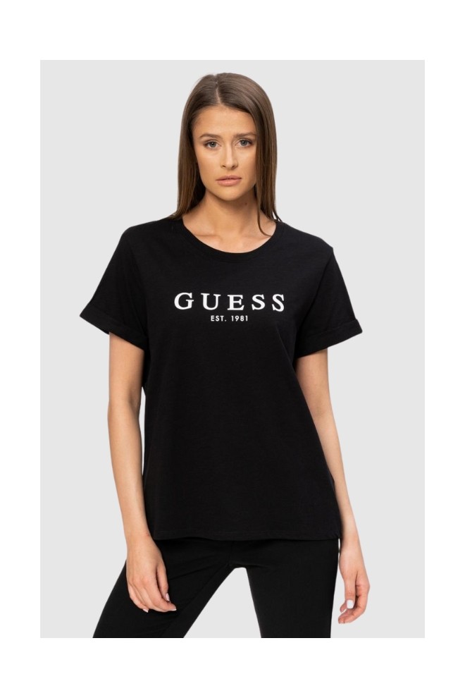 GUESS Czarny t-shirt damski z białym logo