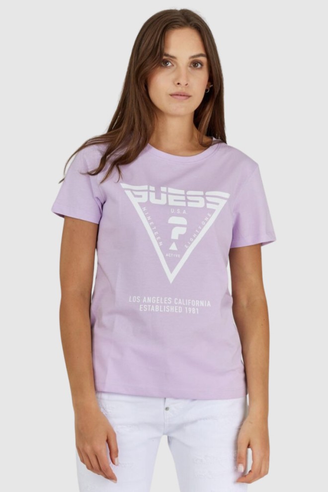 GUESS Fioletowy t-shirt damski z białym logo