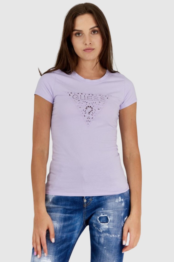 GUESS Fioletowy t-shirt damski z ażurowym logo