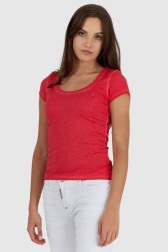 GUESS Czerwony t-shirt damski z efektem sprania