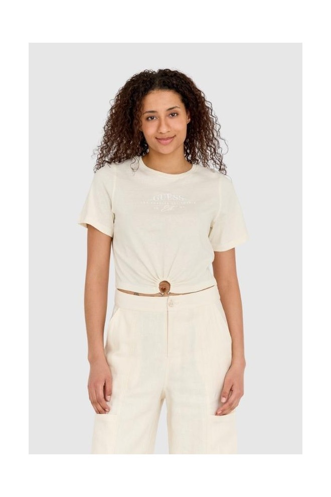 GUESS Cream femei cropped fit piercing tricou