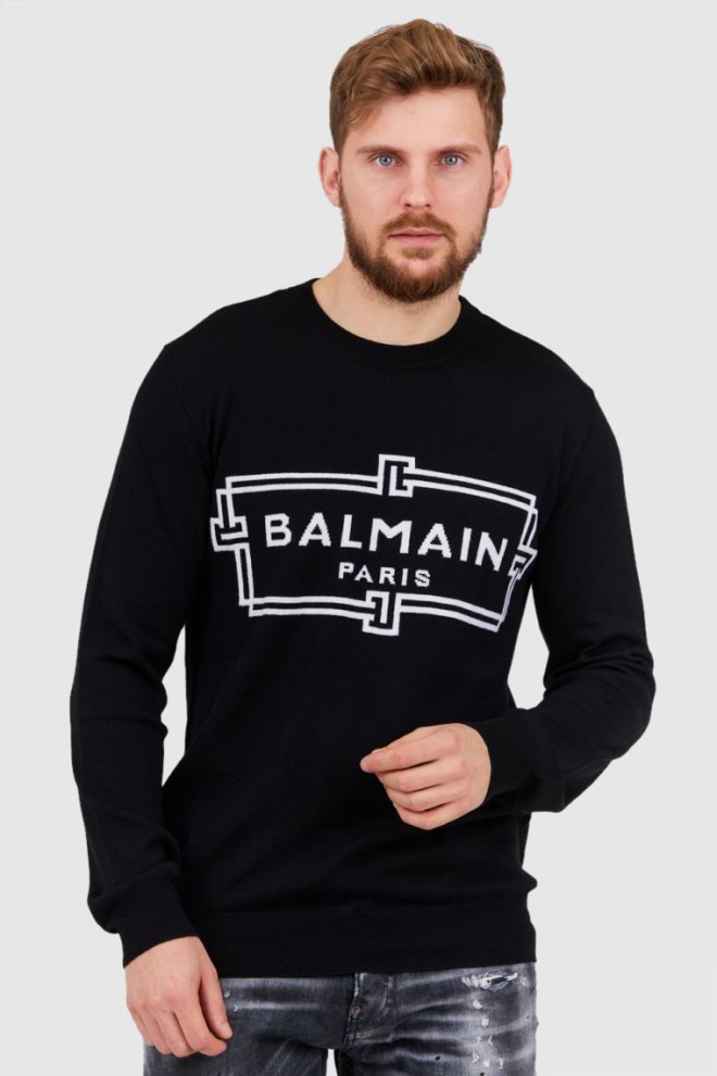 BALMAIN Pulover negru pentru bărbați din lână merino