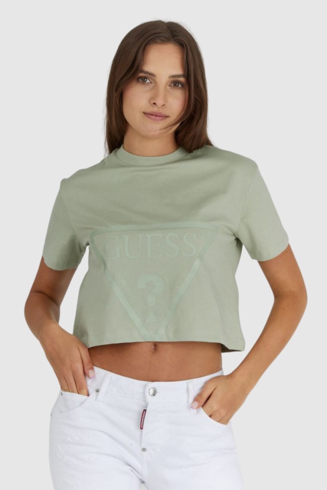 GUESS Krótki zielony t-shirt damski z logo