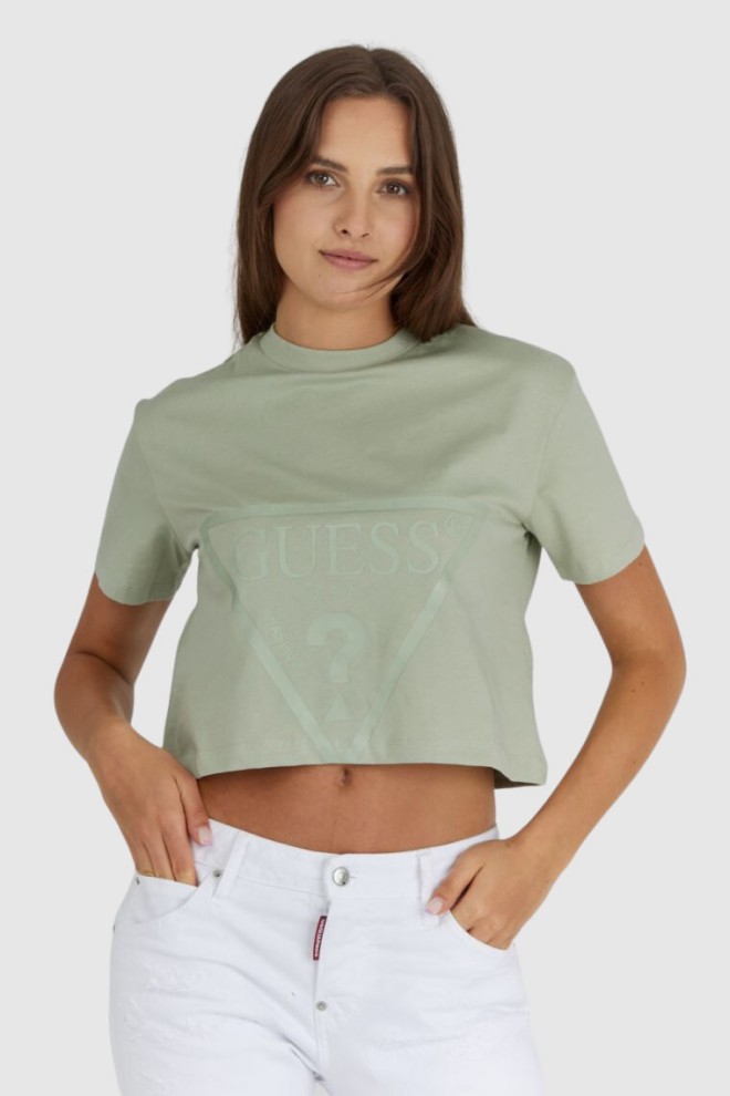 GUESS Tricou scurt verde cu logo pentru femei