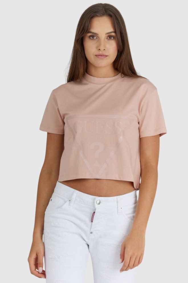 GUESS Krótki różowy t-shirt damski z logo