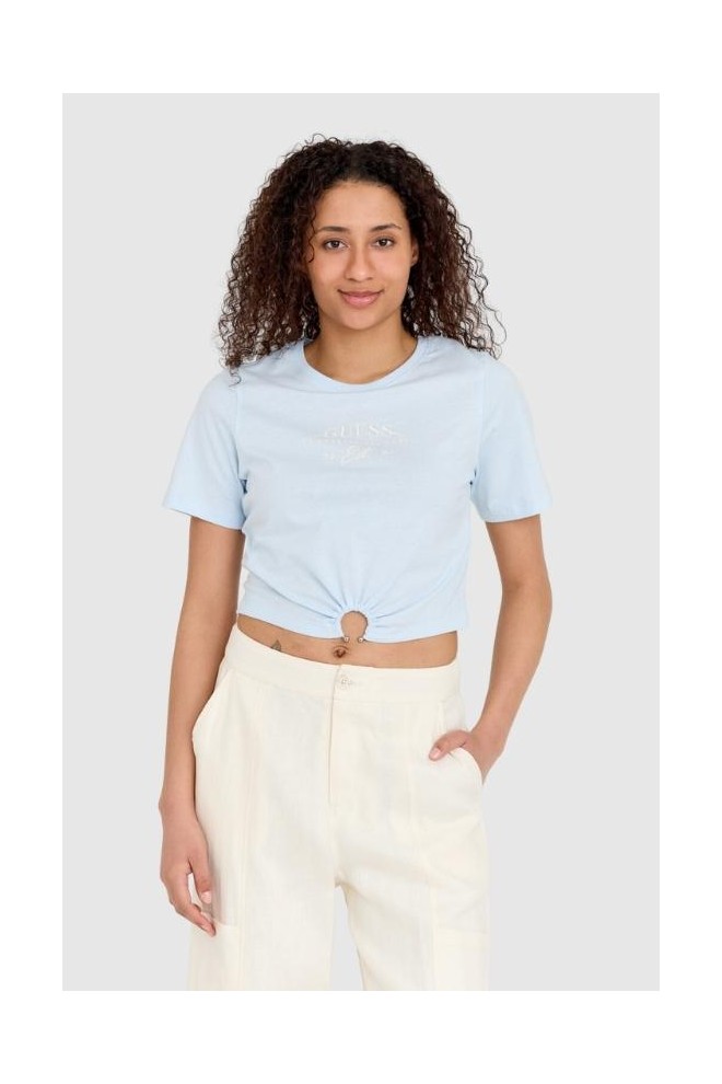 GUESS Niebieski t-shirt damski cropped fit piercing