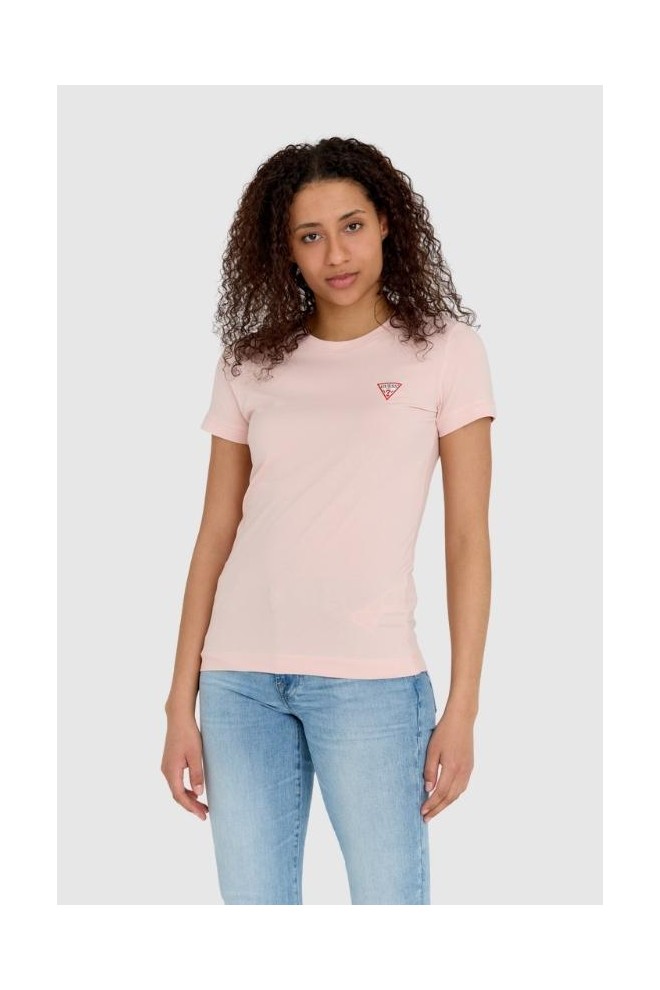 GUESS Różowy t-shirt damski slim fit z małym logo