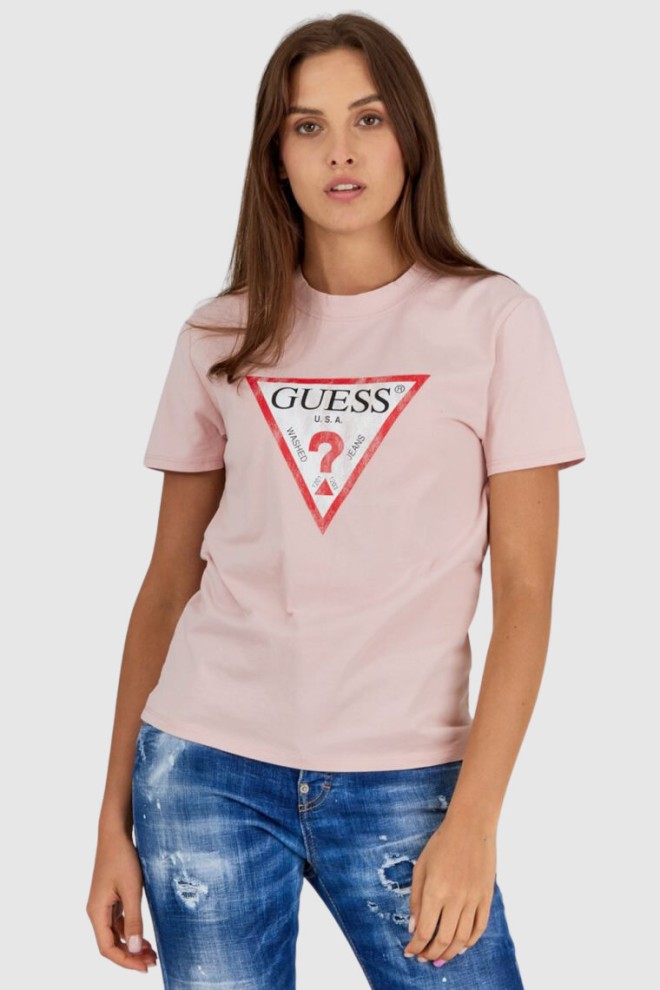 GUESS Różowy t-shirt damski z vintage logo