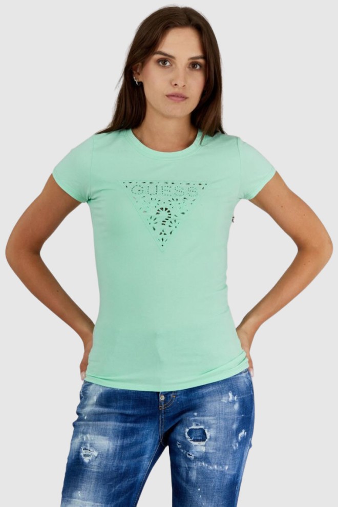 GUESS Zielony t-shirt damski z ażurowym logo