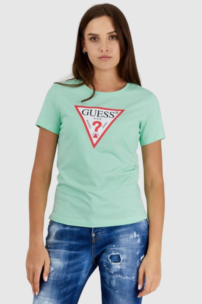 GUESS Zielony t-shirt damski z trójkątnym logo