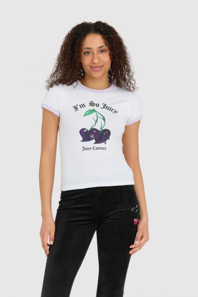 JUICY COUTURE Biały t-shirt damski z wisienkami slim