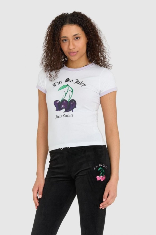 JUICY COUTURE Biały t-shirt damski z wisienkami slim