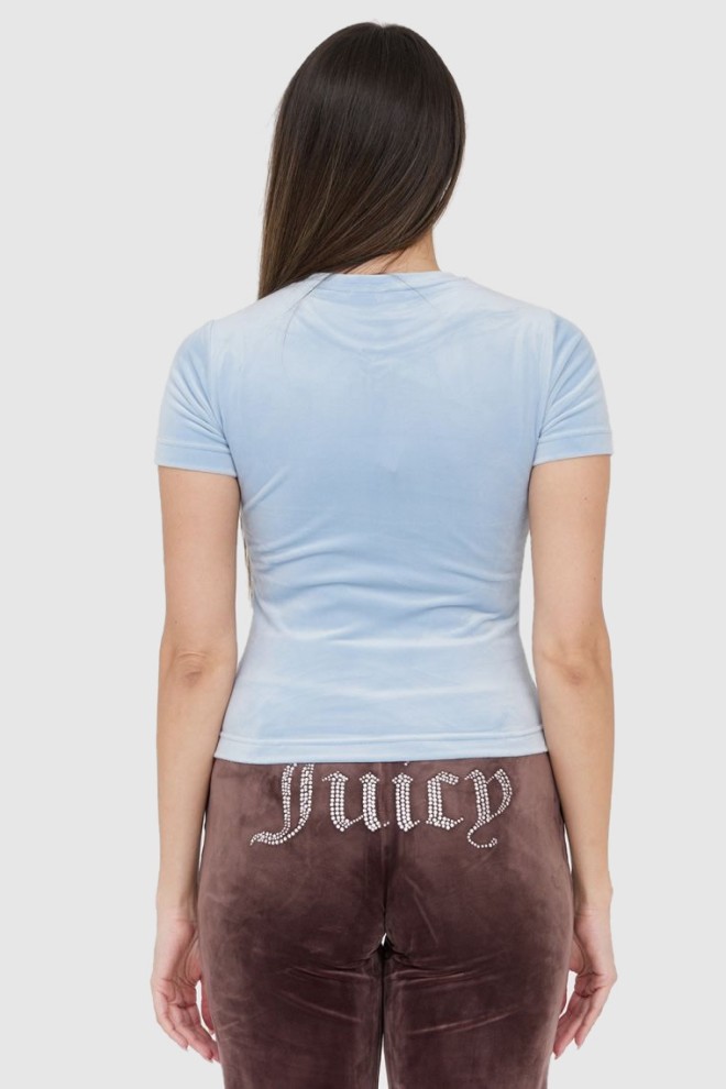 JUICY COUTURE Tricou pentru femei din catifea albastră cu logo cu sclipici