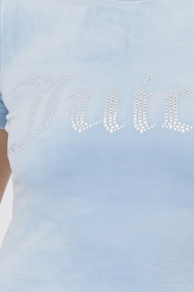JUICY COUTURE Tricou pentru femei din catifea albastră cu logo cu sclipici