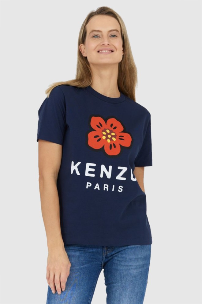 KENZO Tricou albastru marin cu flori roșii pentru femei