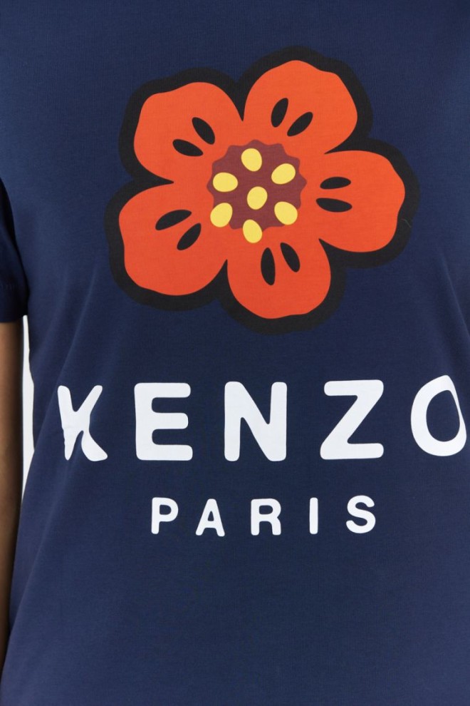 KENZO Tricou albastru marin cu flori roșii pentru femei