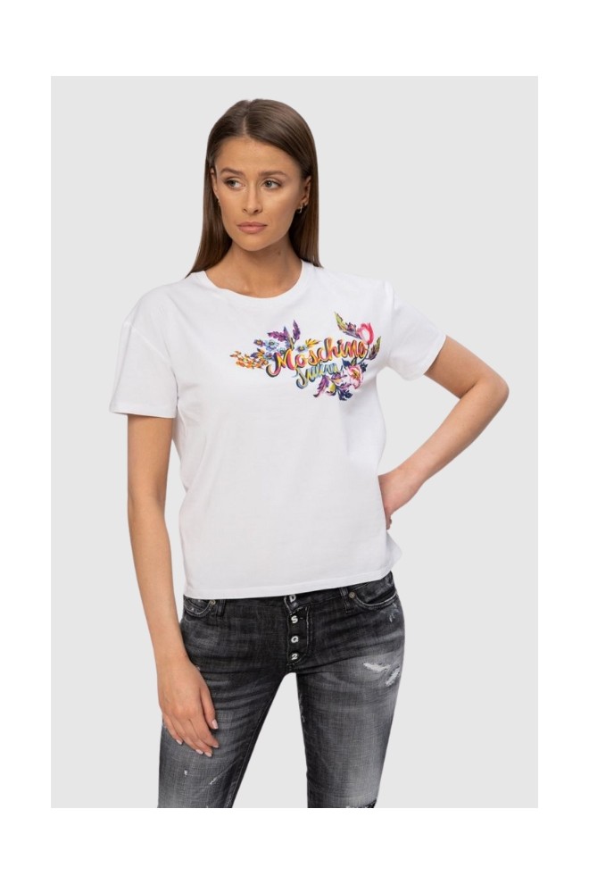 MOSCHINO Biały t-shirt z logo i kwiatami