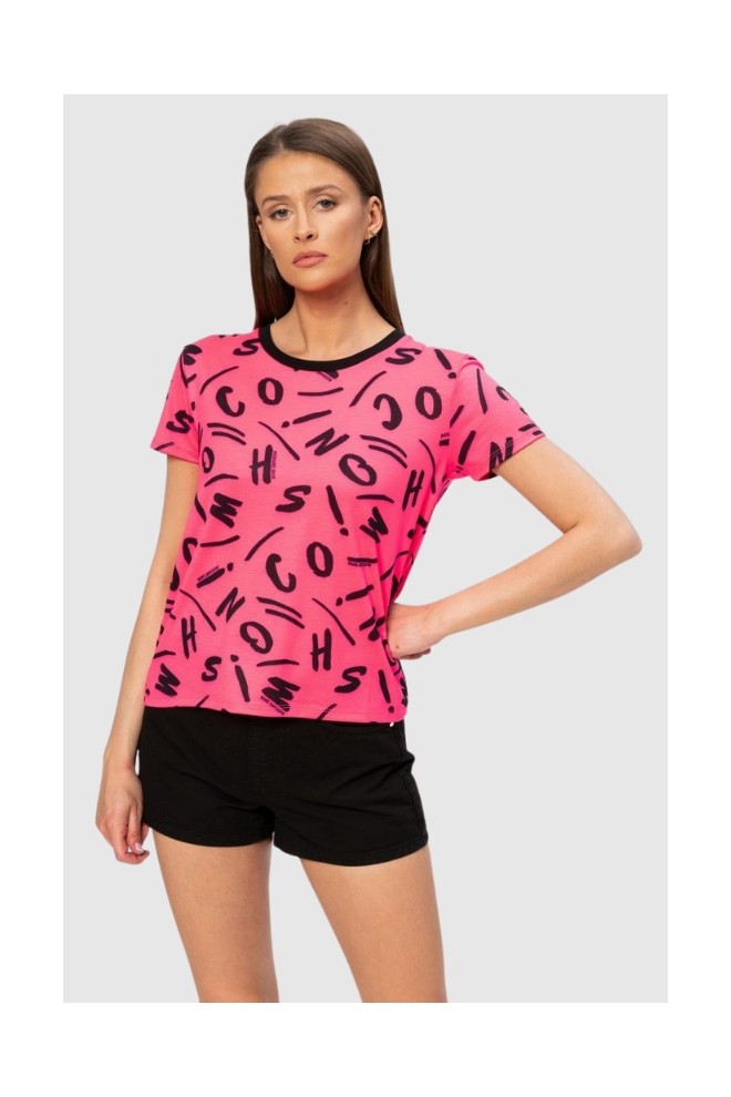 MOSCHINO Różowy t-shirt w czarne litery