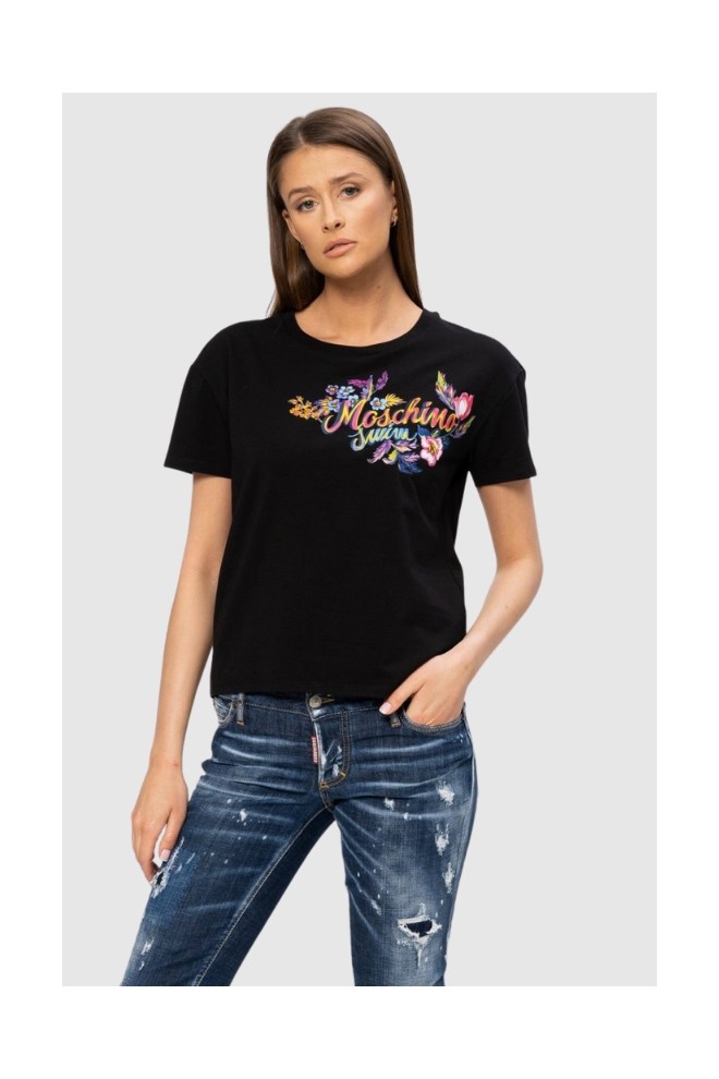 MOSCHINO Tricou negru pentru femei cu logo și flori