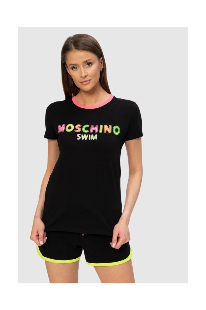 MOSCHINO Czarny t-shirt  z neonowym logo