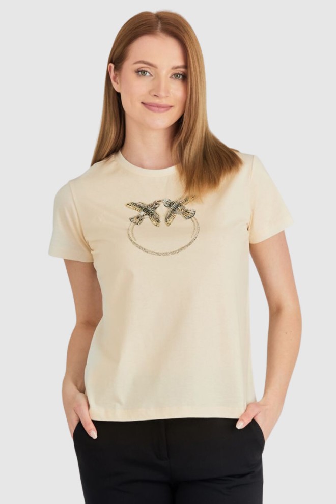 Tricou cu logo cu paiete pentru femei PINKO Beige