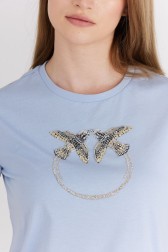 PINKO Błękitny t-shirt damski z logo z cekinów
