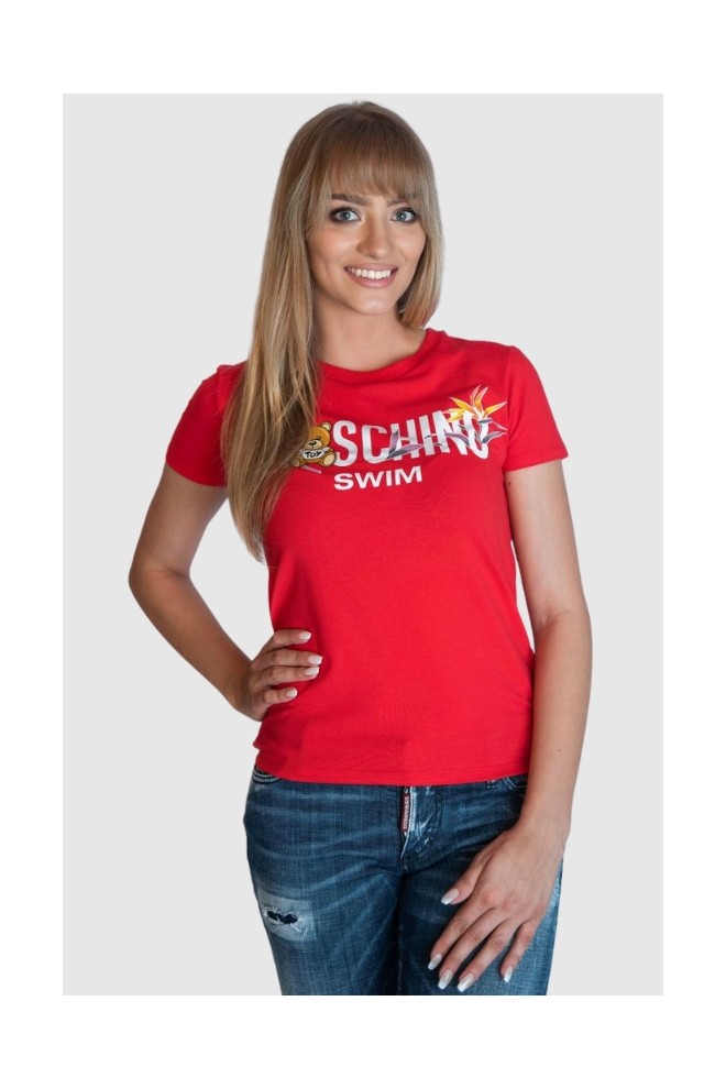 MOSCHINO Tricou roșu pentru femei cu logo și imprimare de ursuleț