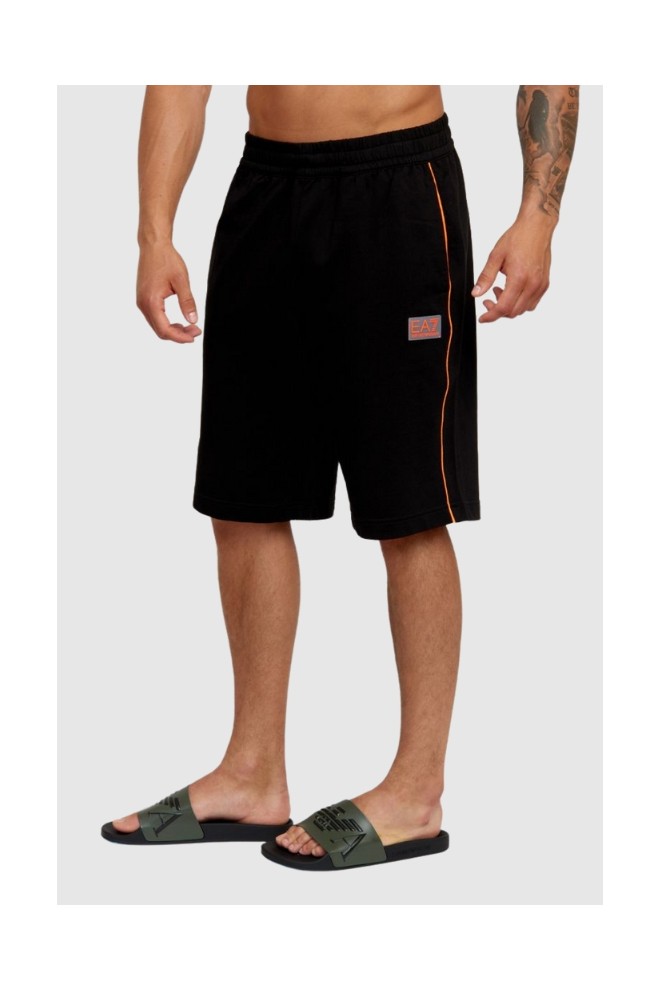 EA7 Black cotton shorts with orange piping