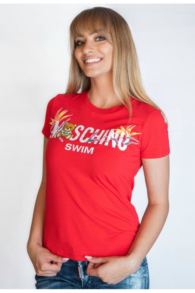 MOSCHINO Tricou roșu pentru femei cu logo și imprimare de ursuleț