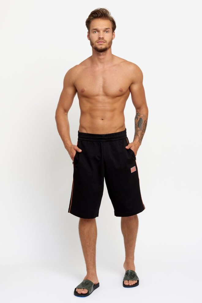EA7 Pantaloni scurți bărbătești negri din bumbac cu bordură portocalie