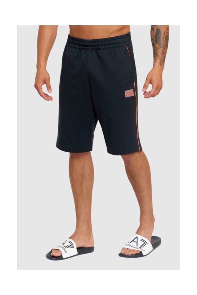 EA7 Pantaloni scurți bărbătești din bumbac albastru marin cu bordură portocalie