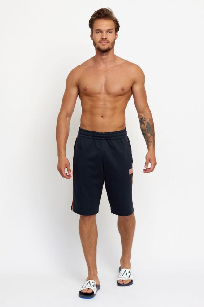 EA7 Pantaloni scurți bărbătești din bumbac albastru marin cu bordură portocalie