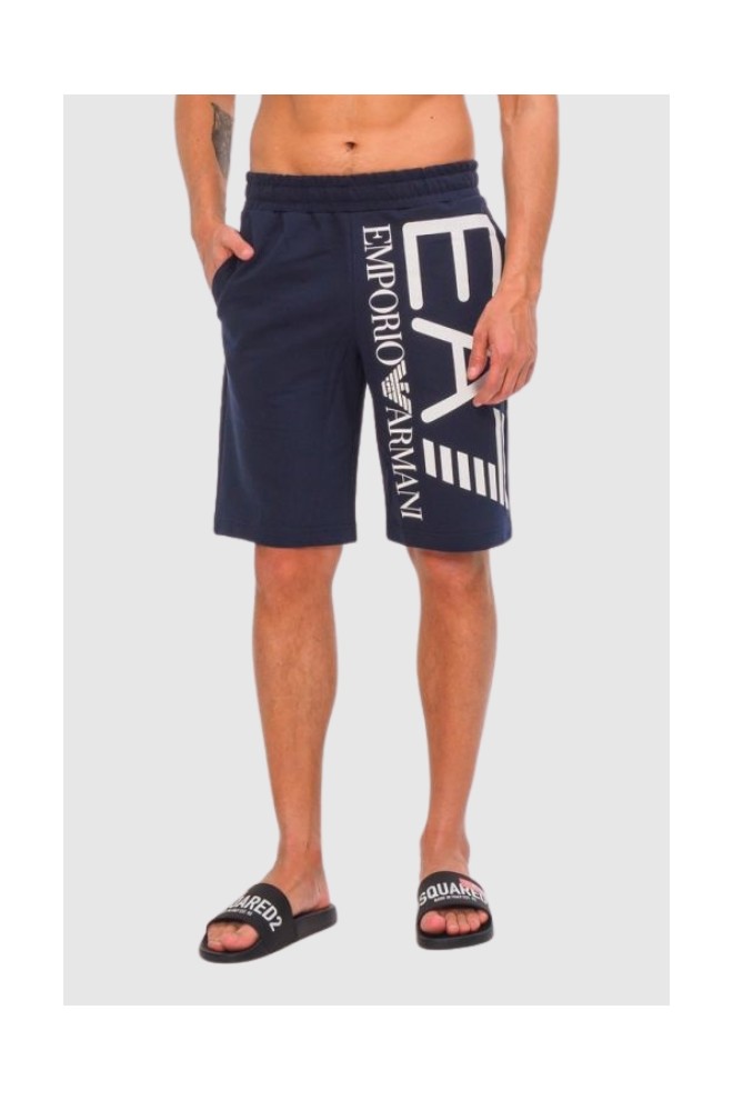 EA7 Navy blue cotton shorts with large logo