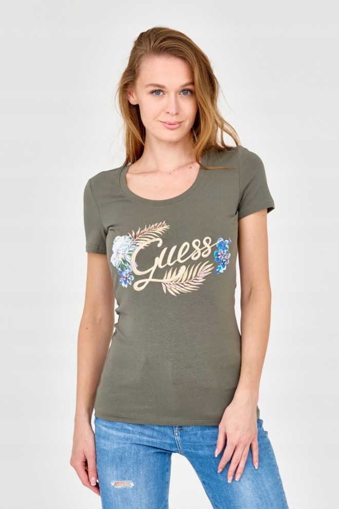 GUESS Damski zielony t-shirt ze zdobionym logo