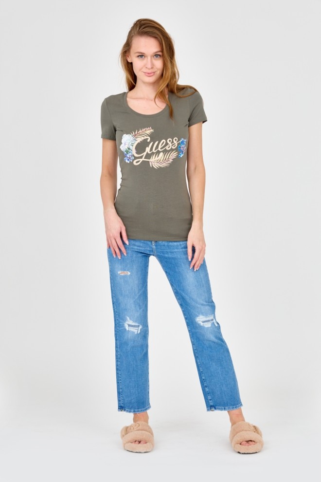 GUESS Women's green t-shirt with embellished logo