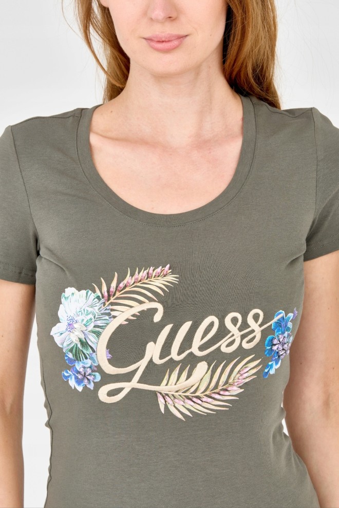 GUESS Damski zielony t-shirt ze zdobionym logo