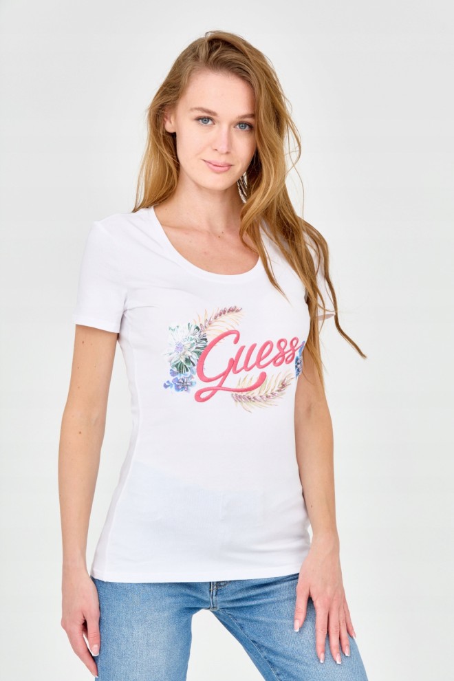 GUESS Damski biały t-shirt ze zdobionym logo