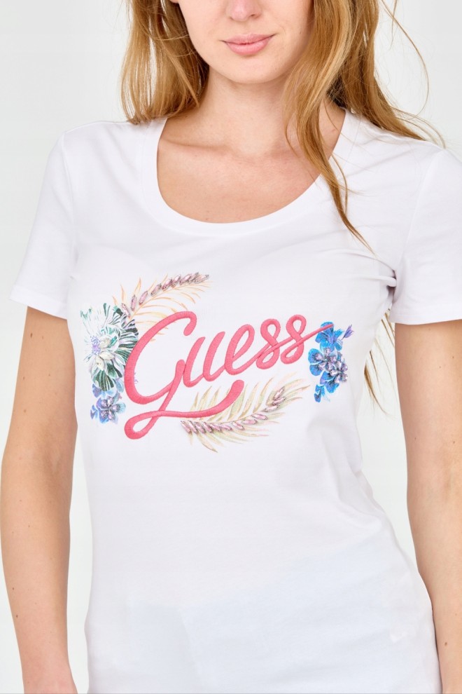 GUESS Damski biały t-shirt ze zdobionym logo